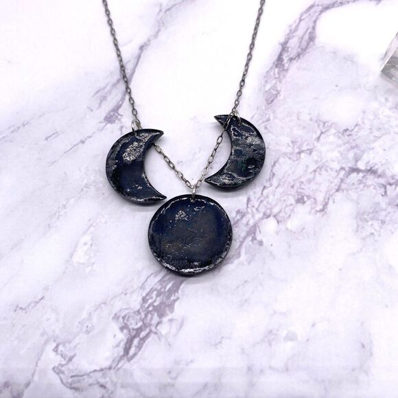 Black and Gold Moon Phase Celestial Sterling Silver Necklace - Picture 8 of 9